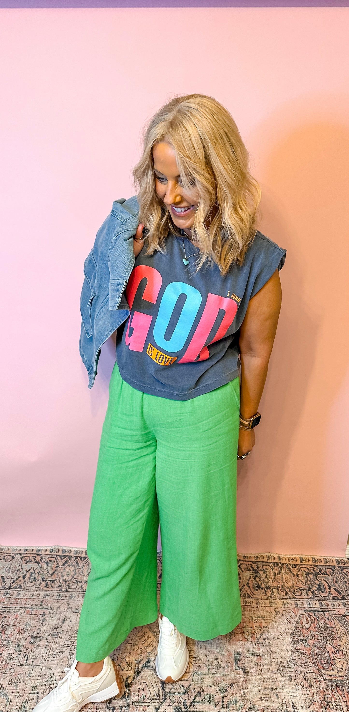 Kelly Green Linen Cropped Pant