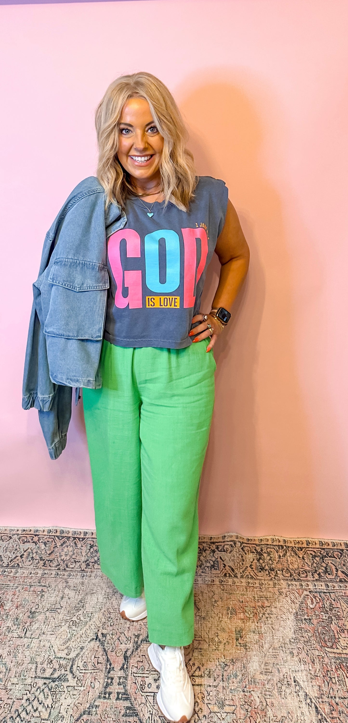 Kelly Green Linen Cropped Pant