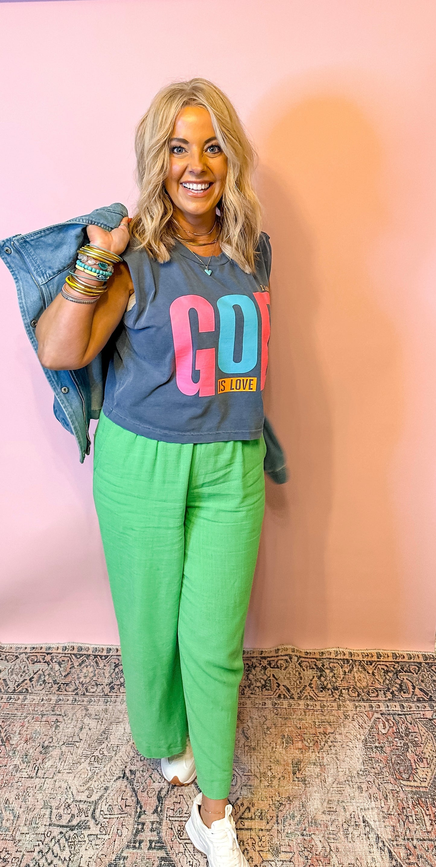 Kelly Green Linen Cropped Pant